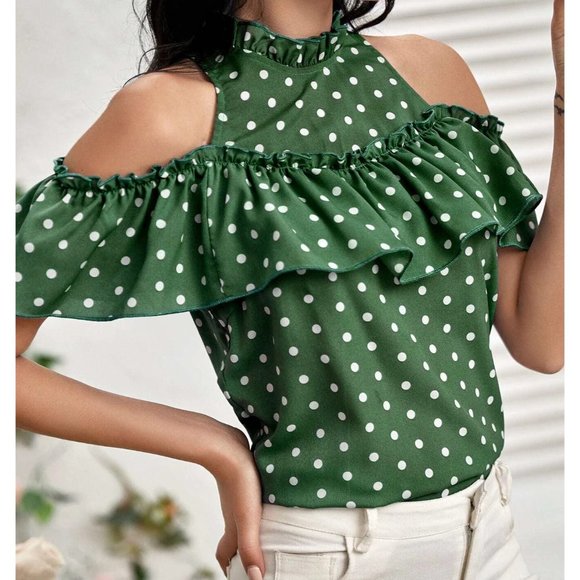 Sale 🎉 NEW!! Size 12 Cold Shoulder Polka Dot Ruffle Trim Blouse in Green - Picture 3 of 3